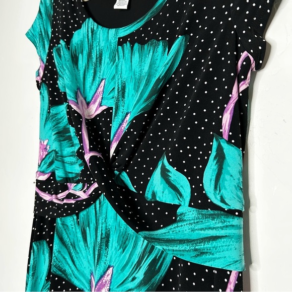 Joseph Ribkoff Black Dress Teal Floral Design Polka Dot Stretch Jersey Size 10 - Picture 3 of 12